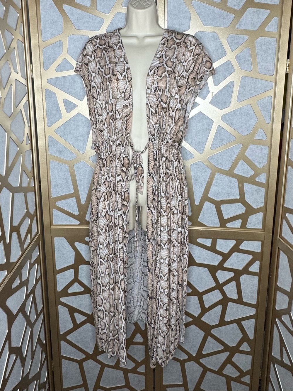 Kona Sol Snakeskin Print Tie-Front Boho Midi Duster Cover-Up - Picture 2 of 7